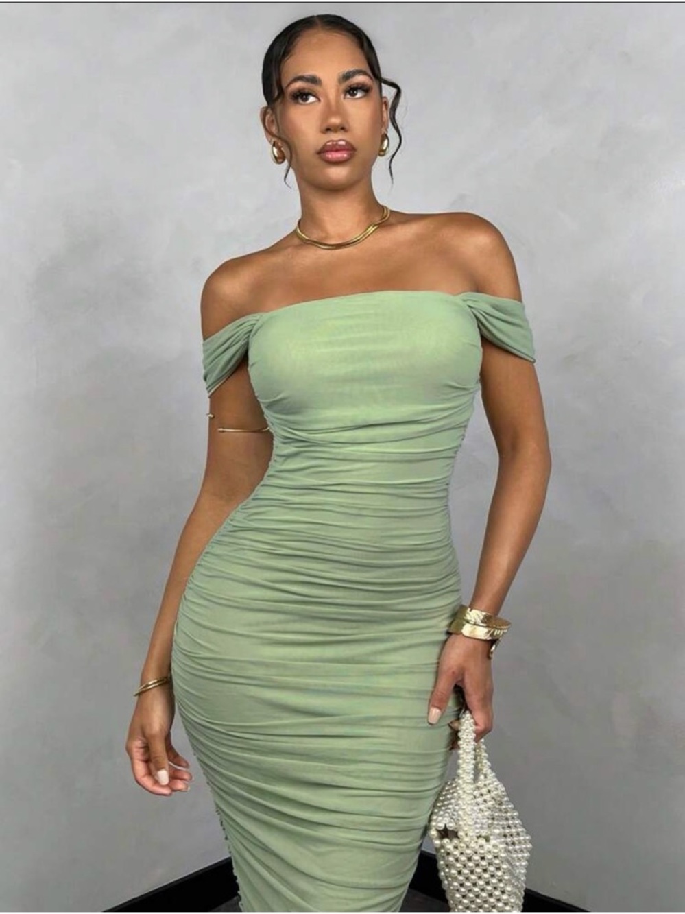Green Midi Dress Bodycon Ruched